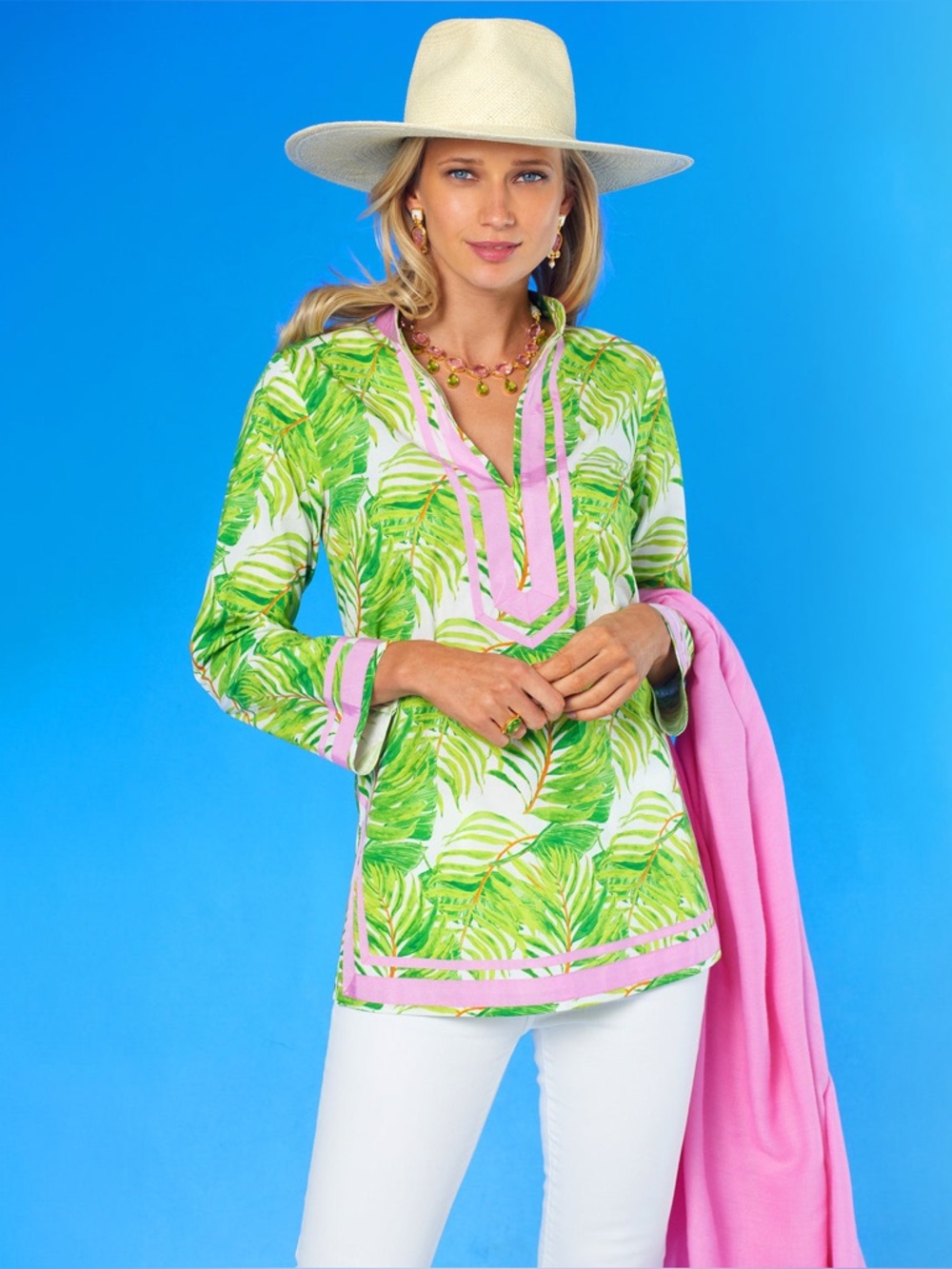NICOBLU capri tunic green Ashley palm print with pink grosgrain trim tropical M